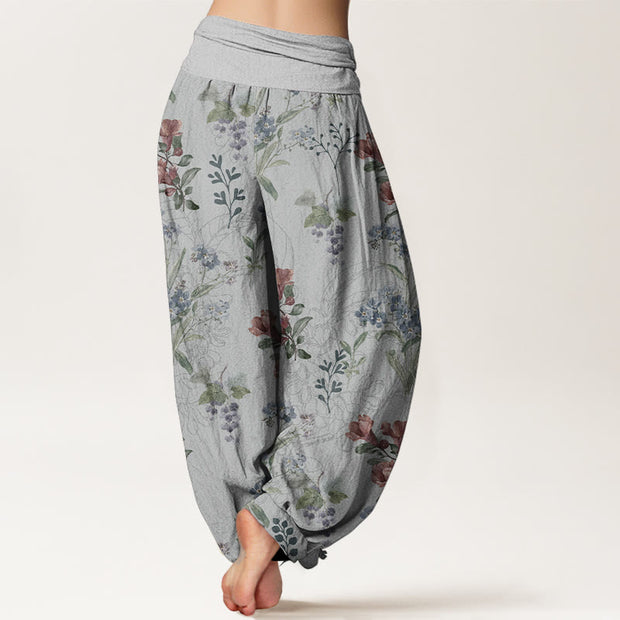 Buddha Stones Pure Cotton Red Blue Flowers Green Leaves Design Women's Elastic Waist Harem Pants