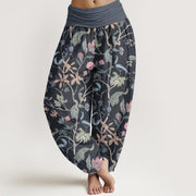Buddha Stones Pure Cotton Floral Leaf Vine Design Women's Elastic Waist Harem Pants
