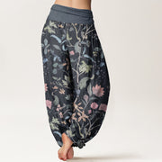 Buddha Stones Pure Cotton Floral Leaf Vine Design Women's Elastic Waist Harem Pants