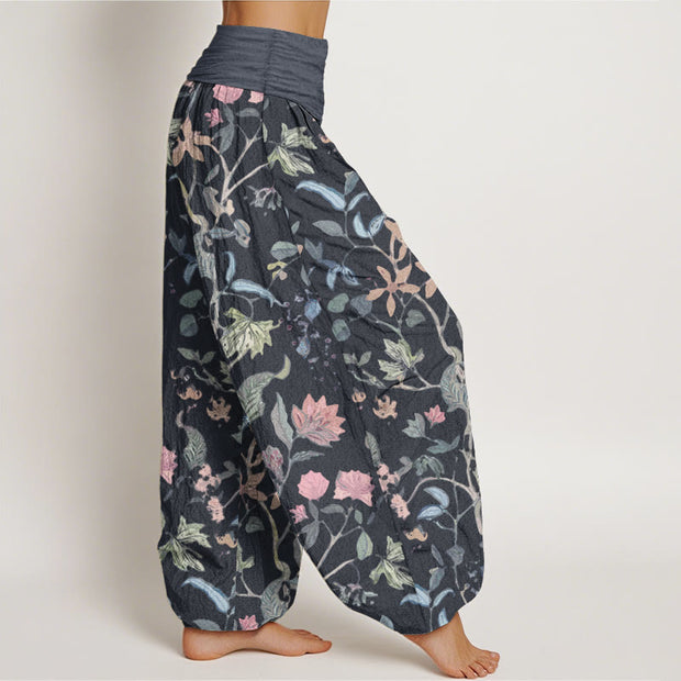 Buddha Stones Pure Cotton Floral Leaf Vine Design Women's Elastic Waist Harem Pants