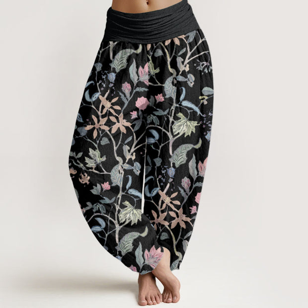 Buddha Stones Pure Cotton Floral Leaf Vine Design Women's Elastic Waist Harem Pants