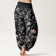 Buddha Stones Pure Cotton Floral Leaf Vine Design Women's Elastic Waist Harem Pants