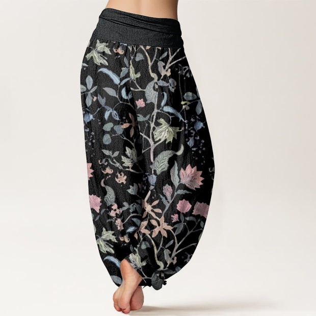 Buddha Stones Pure Cotton Floral Leaf Vine Design Women's Elastic Waist Harem Pants