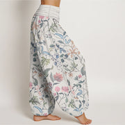 Buddha Stones Pure Cotton Floral Leaf Vine Design Women's Elastic Waist Harem Pants