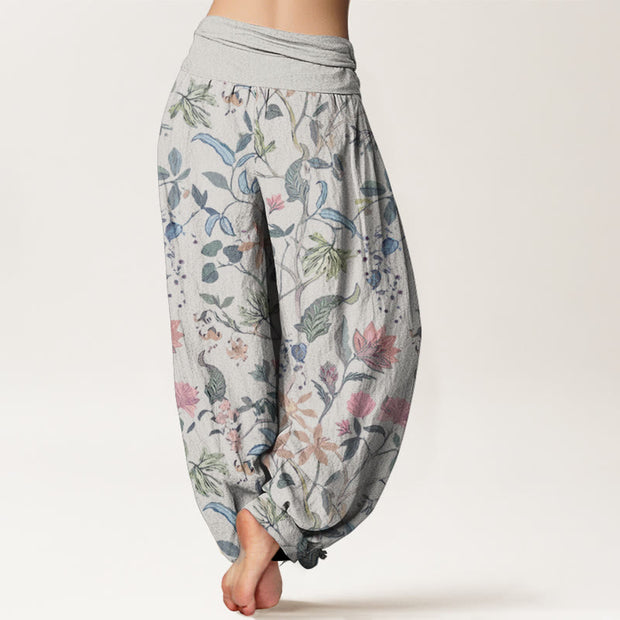 Buddha Stones Pure Cotton Floral Leaf Vine Design Women's Elastic Waist Harem Pants