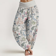 Buddha Stones Pure Cotton Floral Leaf Vine Design Women's Elastic Waist Harem Pants