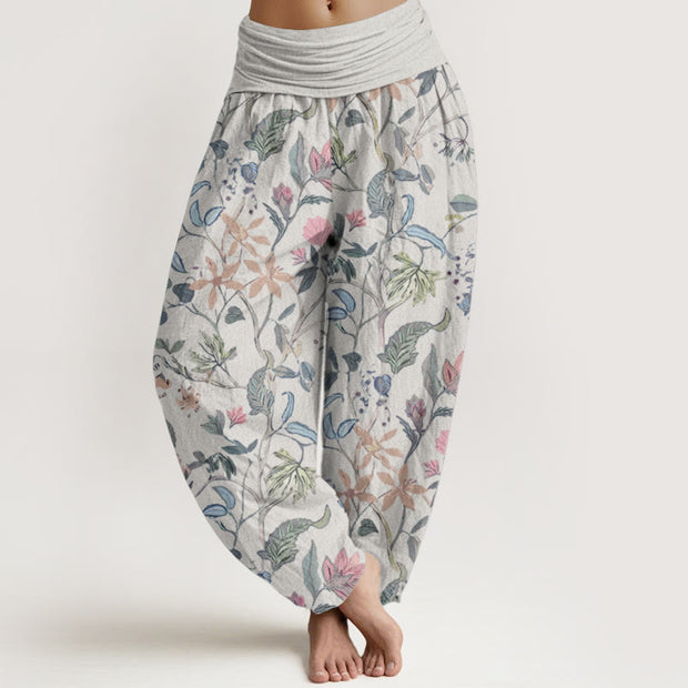 Buddha Stones Pure Cotton Floral Leaf Vine Design Women's Elastic Waist Harem Pants