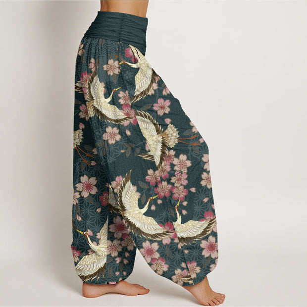 Buddha Stones Pure Cotton Crane Peach Blossom Pattern Women's Elastic Waist Harem Pants