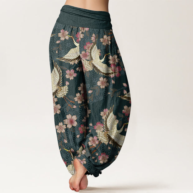 Buddha Stones Pure Cotton Crane Peach Blossom Pattern Women's Elastic Waist Harem Pants