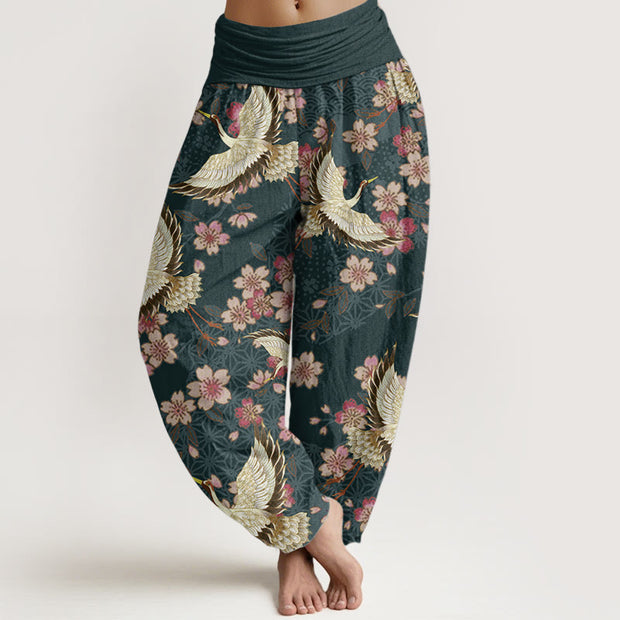 Buddha Stones Pure Cotton Crane Peach Blossom Pattern Women's Elastic Waist Harem Pants