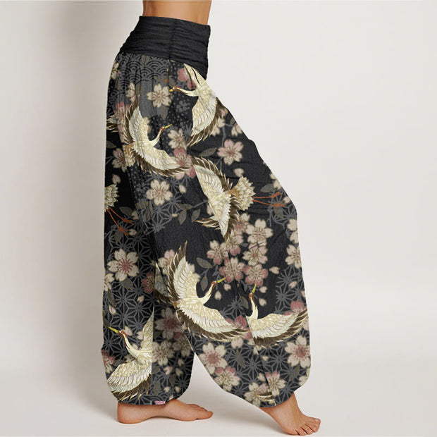 Buddha Stones Pure Cotton Crane Peach Blossom Pattern Women's Elastic Waist Harem Pants