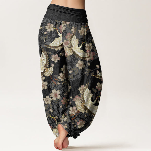 Buddha Stones Pure Cotton Crane Peach Blossom Pattern Women's Elastic Waist Harem Pants