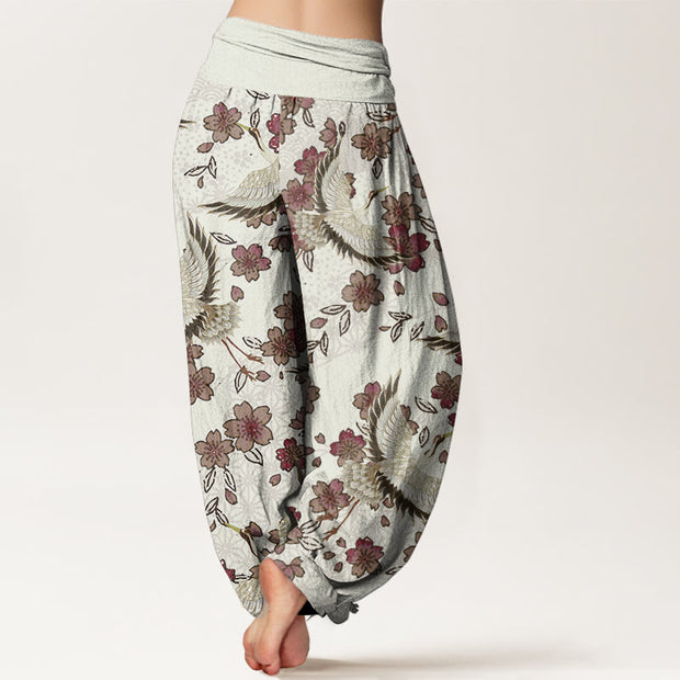 Buddha Stones Pure Cotton Crane Peach Blossom Pattern Women's Elastic Waist Harem Pants