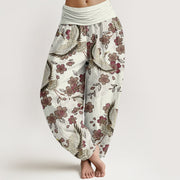Buddha Stones Pure Cotton Crane Peach Blossom Pattern Women's Elastic Waist Harem Pants