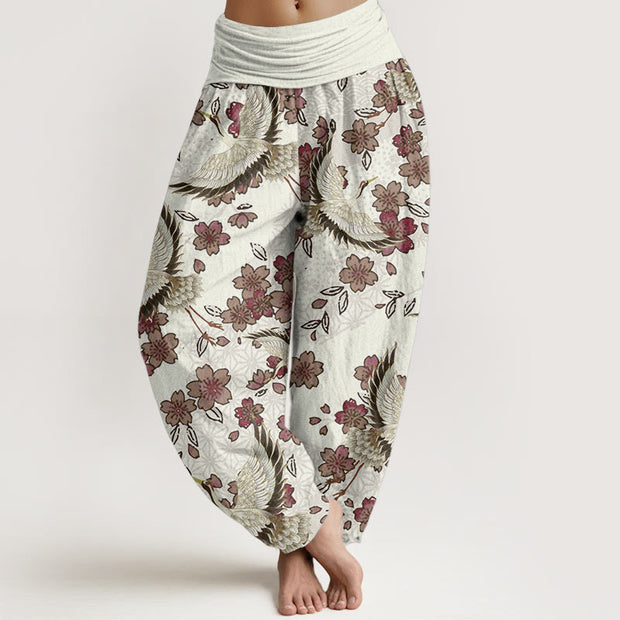 Buddha Stones Pure Cotton Crane Peach Blossom Pattern Women's Elastic Waist Harem Pants