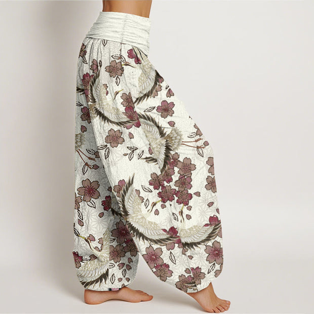 Buddha Stones Pure Cotton Crane Peach Blossom Pattern Women's Elastic Waist Harem Pants