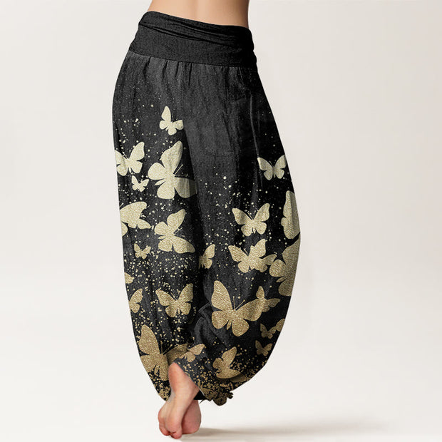 Buddha Stones Pure Cotton Casual Golden Butterfly Pattern Women's Elastic Waist Harem Pants
