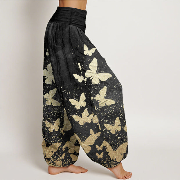 Buddha Stones Pure Cotton Casual Golden Butterfly Pattern Women's Elastic Waist Harem Pants