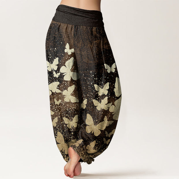 Buddha Stones Pure Cotton Casual Golden Butterfly Pattern Women's Elastic Waist Harem Pants