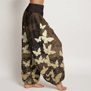 Buddha Stones Pure Cotton Casual Golden Butterfly Pattern Women's Elastic Waist Harem Pants