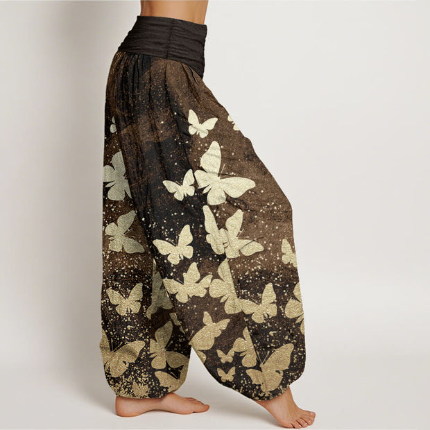 Buddha Stones Pure Cotton Casual Golden Butterfly Pattern Women's Elastic Waist Harem Pants