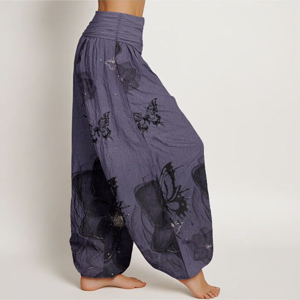 Buddha Stones Pure Cotton Butterfly Flowers Pattern Women's Elastic Waist Harem Pants