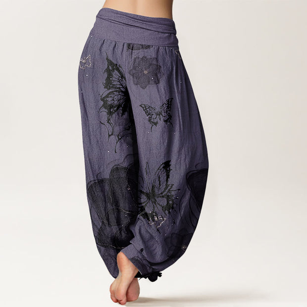 Buddha Stones Pure Cotton Butterfly Flowers Pattern Women's Elastic Waist Harem Pants