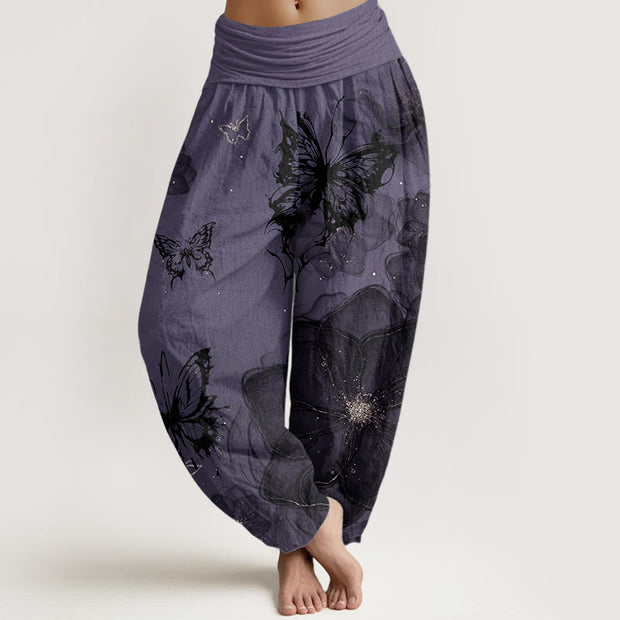 Buddha Stones Pure Cotton Butterfly Flowers Pattern Women's Elastic Waist Harem Pants