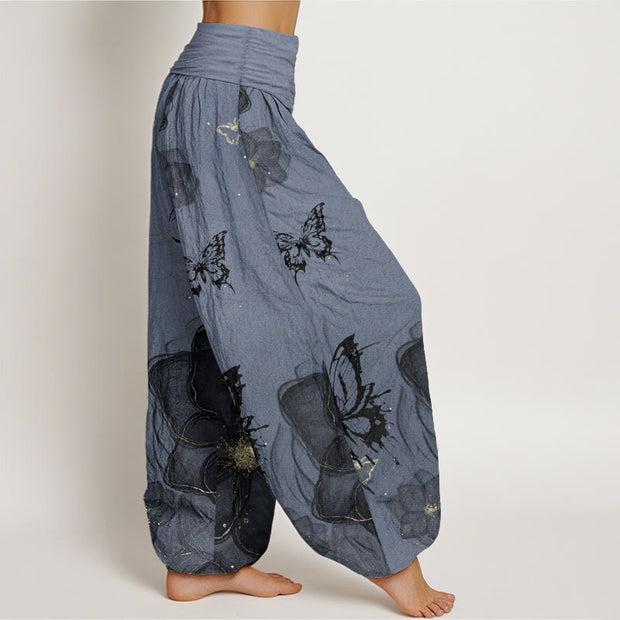 Buddha Stones Pure Cotton Butterfly Flowers Pattern Women's Elastic Waist Harem Pants