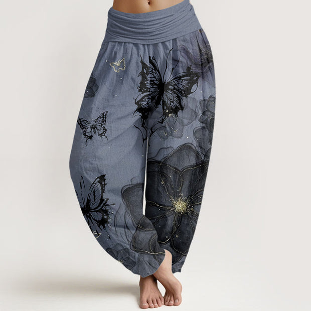 Buddha Stones Pure Cotton Butterfly Flowers Pattern Women's Elastic Waist Harem Pants