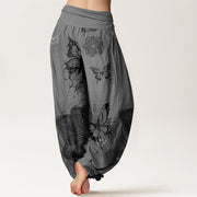 Buddha Stones Pure Cotton Butterfly Flowers Pattern Women's Elastic Waist Harem Pants