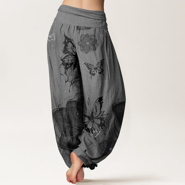 Buddha Stones Pure Cotton Butterfly Flowers Pattern Women's Elastic Waist Harem Pants