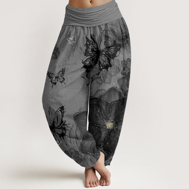 Buddha Stones Pure Cotton Butterfly Flowers Pattern Women's Elastic Waist Harem Pants