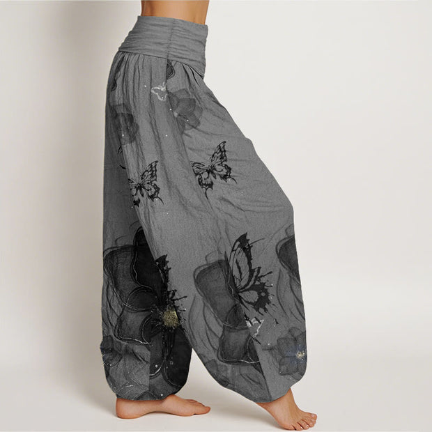 Buddha Stones Pure Cotton Butterfly Flowers Pattern Women's Elastic Waist Harem Pants