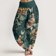 Buddha Stones Pure Cotton Colorful Koi Fish Lotus Flowers Design Women's Elastic Waist Harem Pants