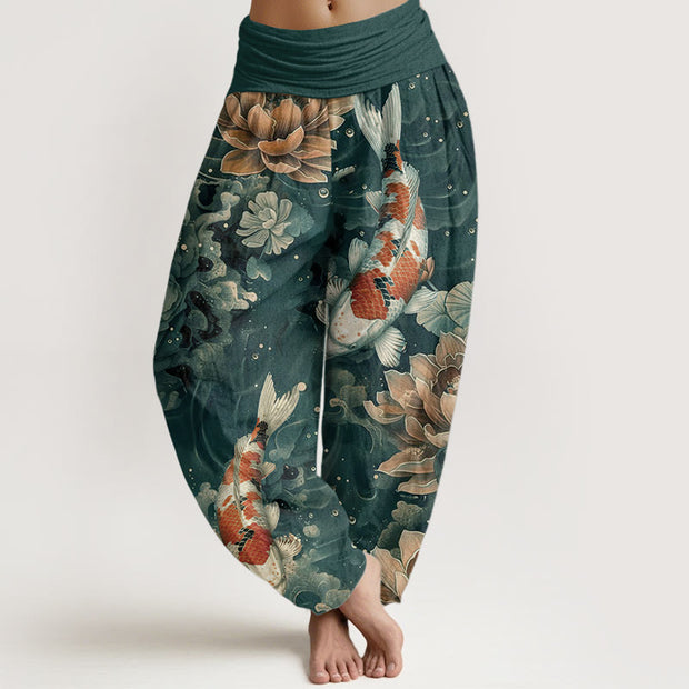 Buddha Stones Pure Cotton Colorful Koi Fish Lotus Flowers Design Women's Elastic Waist Harem Pants