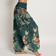 Buddha Stones Pure Cotton Colorful Koi Fish Lotus Flowers Design Women's Elastic Waist Harem Pants