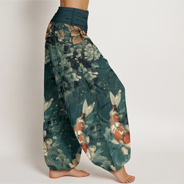 Buddha Stones Pure Cotton Colorful Koi Fish Lotus Flowers Design Women's Elastic Waist Harem Pants