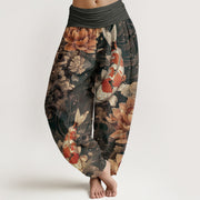 Buddha Stones Pure Cotton Colorful Koi Fish Lotus Flowers Design Women's Elastic Waist Harem Pants