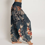 Buddha Stones Pure Cotton Colorful Koi Fish Lotus Flowers Design Women's Elastic Waist Harem Pants