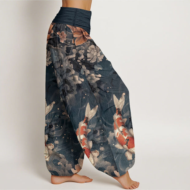 Buddha Stones Pure Cotton Colorful Koi Fish Lotus Flowers Design Women's Elastic Waist Harem Pants