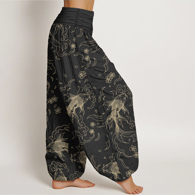 Buddha Stones Pure Cotton Casual Koi Fish Waves And Petal Line Pattern Women's Elastic Waist Harem Pants