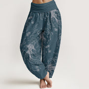 Buddha Stones Pure Cotton Casual Koi Fish Waves And Petal Line Pattern Women's Elastic Waist Harem Pants