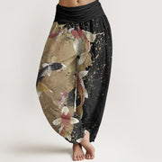 Buddha Stones Pure Cotton Casual Koi Fish Gold Ink Background Pattern Women's Elastic Waist Harem Pants