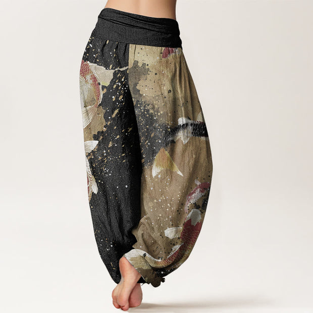 Buddha Stones Pure Cotton Casual Koi Fish Gold Ink Background Pattern Women's Elastic Waist Harem Pants