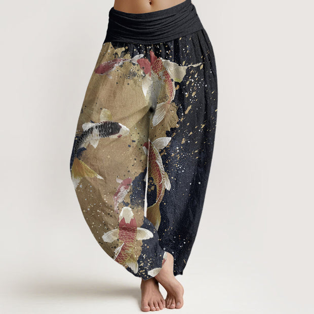 Buddha Stones Pure Cotton Casual Koi Fish Gold Ink Background Pattern Women's Elastic Waist Harem Pants