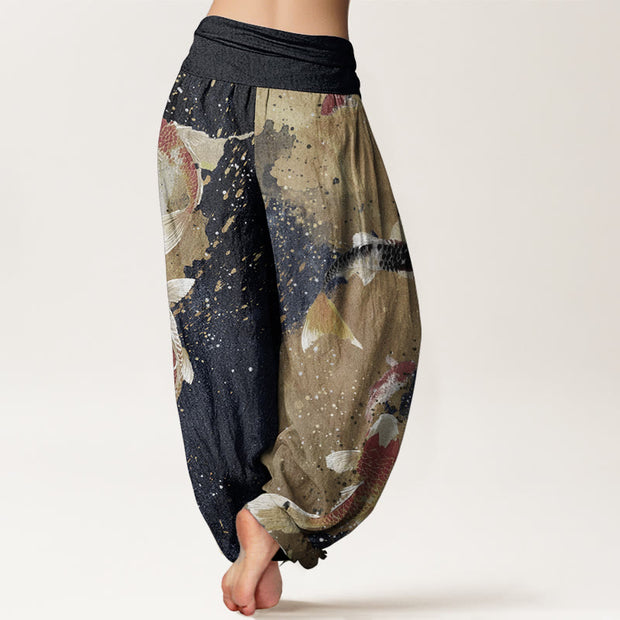 Buddha Stones Pure Cotton Casual Koi Fish Gold Ink Background Pattern Women's Elastic Waist Harem Pants