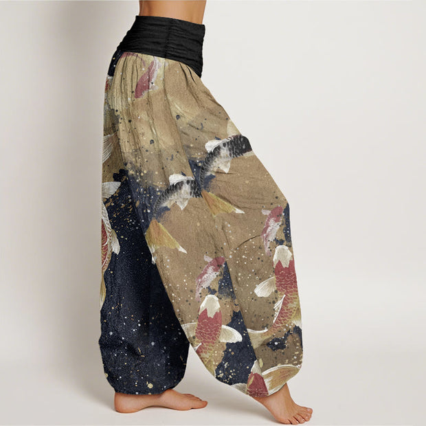 Buddha Stones Pure Cotton Casual Koi Fish Gold Ink Background Pattern Women's Elastic Waist Harem Pants