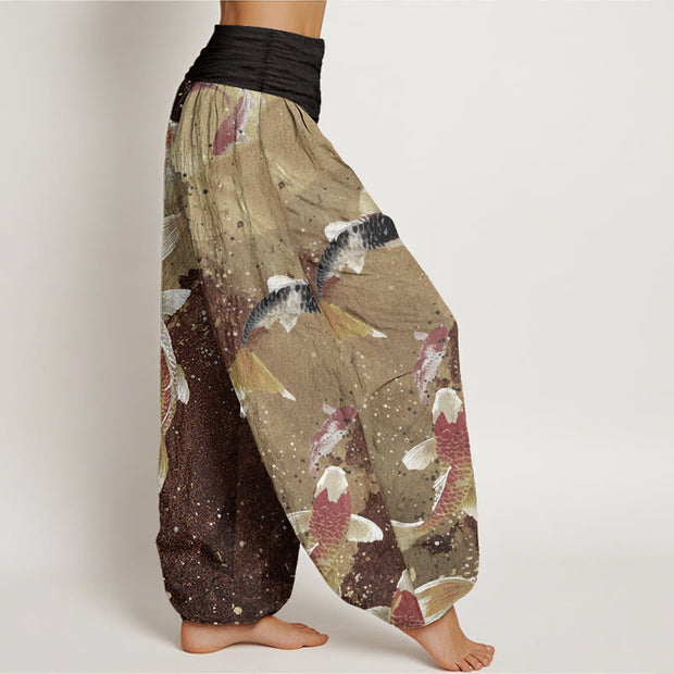 Buddha Stones Pure Cotton Casual Koi Fish Gold Ink Background Pattern Women's Elastic Waist Harem Pants