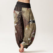 Buddha Stones Pure Cotton Casual Koi Fish Gold Ink Background Pattern Women's Elastic Waist Harem Pants